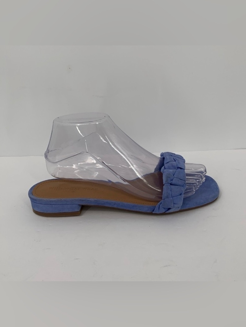 WhoWhatWear Celia slide sandals blue suede mule puffy braided strap shoe block 8